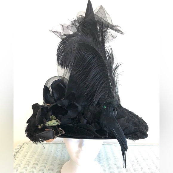 Witch hat Black Lavender feathers Natural. pleated19" Tall Crown 19" wide. - Picture 6 of 15
